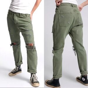 One Teaspoon Messed Up Saints Boyfriend Jean in Military Green Distressed Jeans